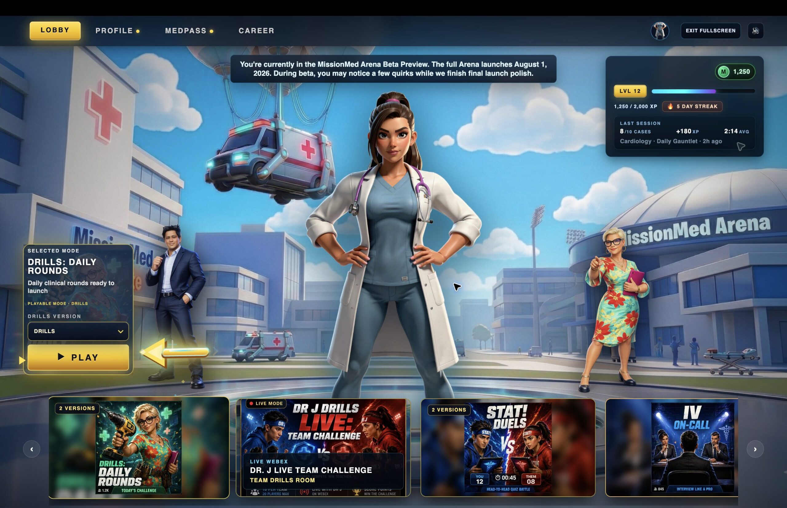 MissionMed Arena lobby preview for the future Arena Pro tier