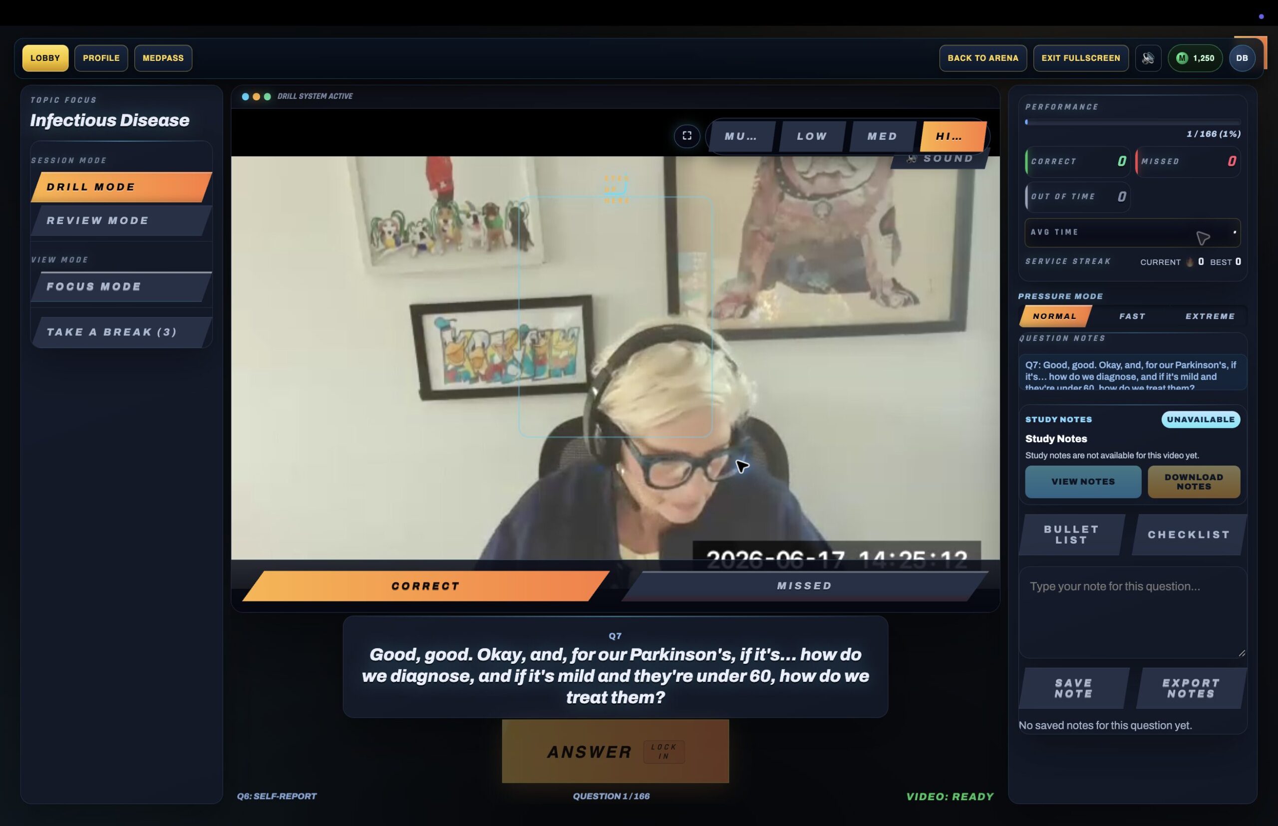 Dr. J Daily Rounds on-demand player with video prompt, scoring controls, and performance panel